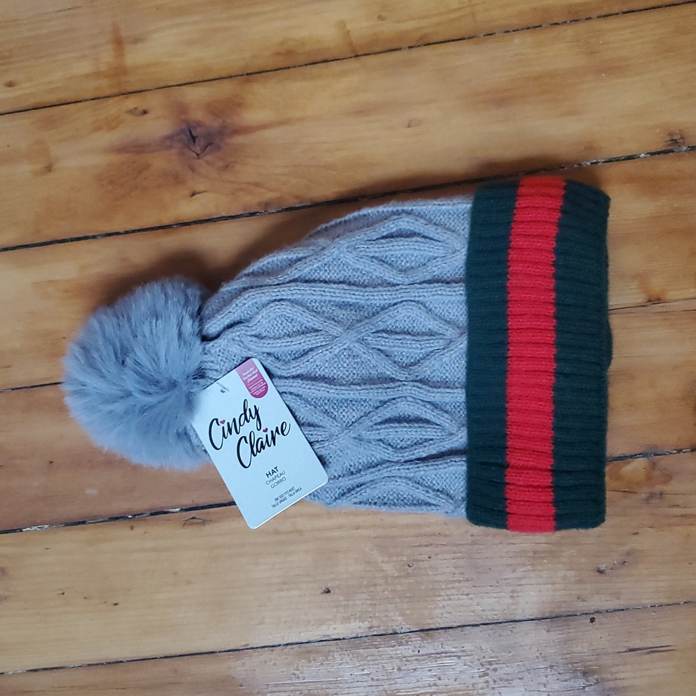 Cindy Claire FLUFFY Gray With Green & Red Band Knit Pom-Pom Beanie